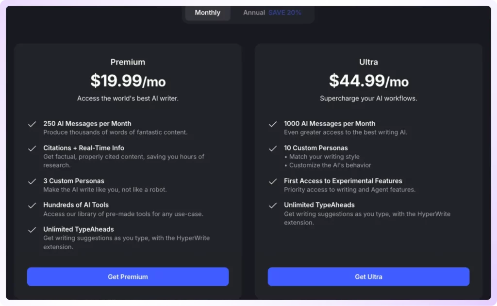 Hyperwrite pricing page