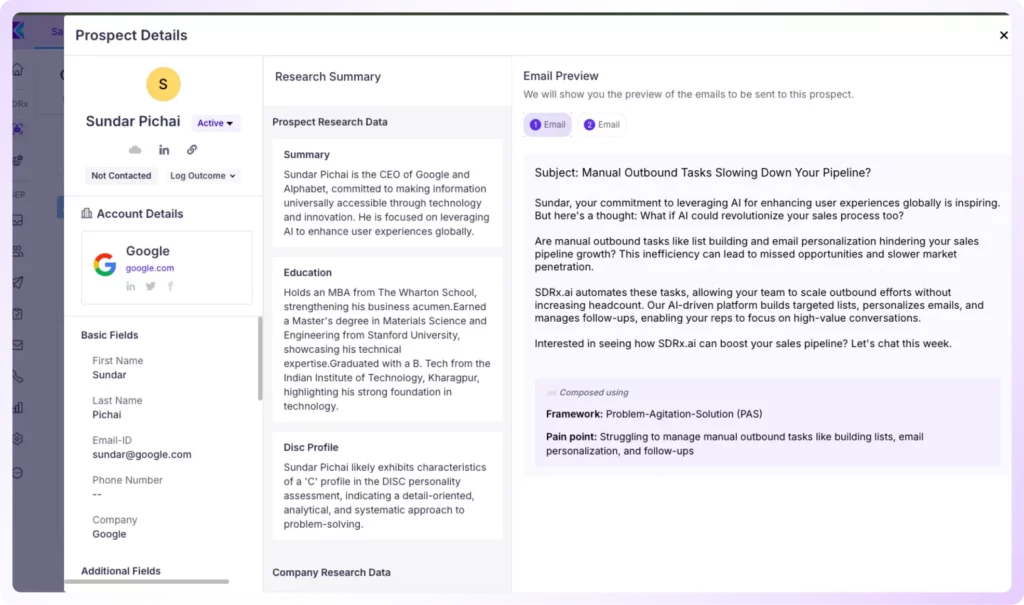sdrX understands each prospect deeply and uses 25 proven copywriting frameworks to craft emails that feel personalized and human—or sometimes even better