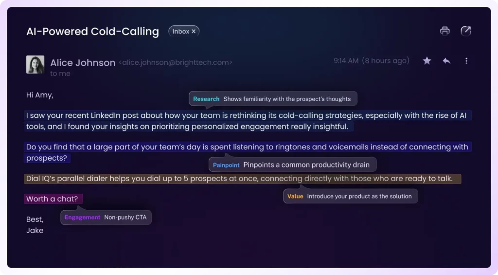 AI-powered cold-calling email breakdown highlighting research, pain points, value, and engagement strategies to boost response rates and sales conversions.