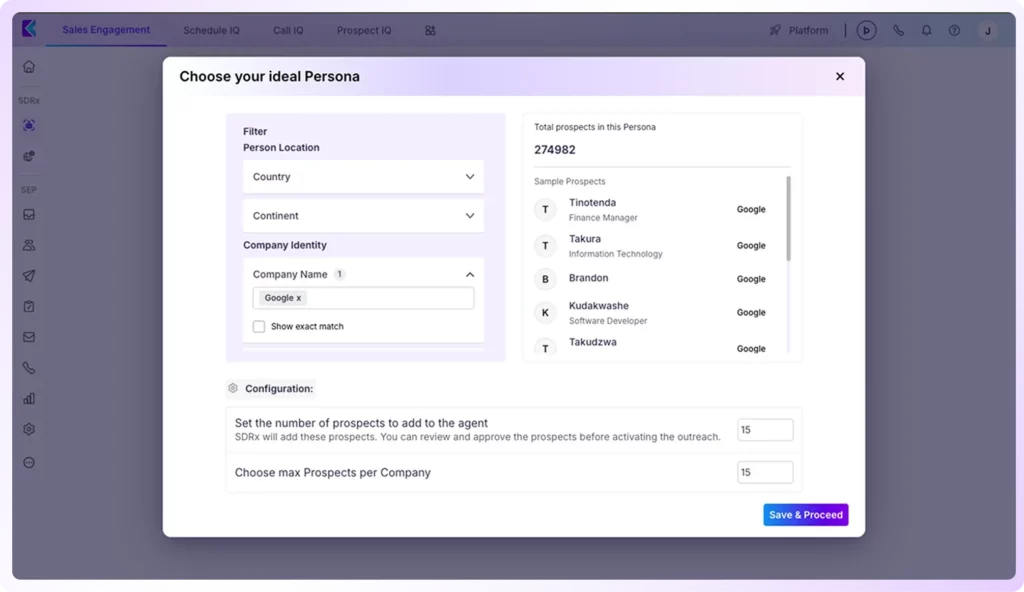 SDRx AI persona selection interface: Filter prospects by location, company, and identity to automate outreach and sales engagement.