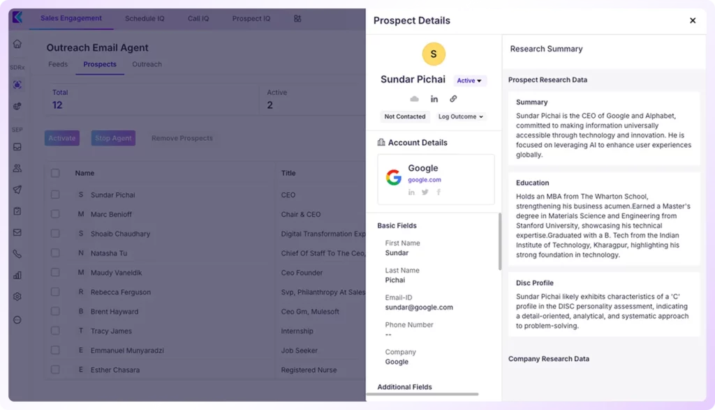 SDRx AI prospect details: Outreach email agent displaying prospect insights, research summary, and DISC profile for targeted sales engagement.