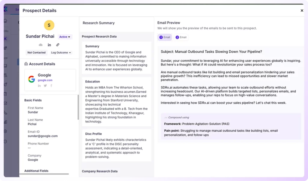 SDRx AI prospect research and email preview: Automated outreach email with research insights, DISC profile, and AI-personalized messaging for sales engagement.