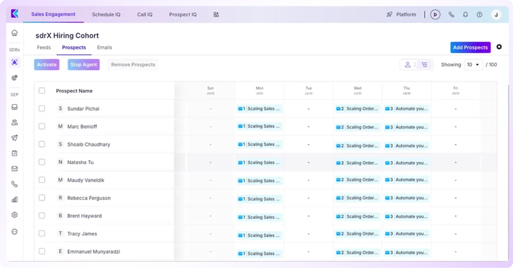 SDRx AI sales engagement dashboard: Automated prospecting workflow with scheduled outreach tasks for SDR hiring cohort.